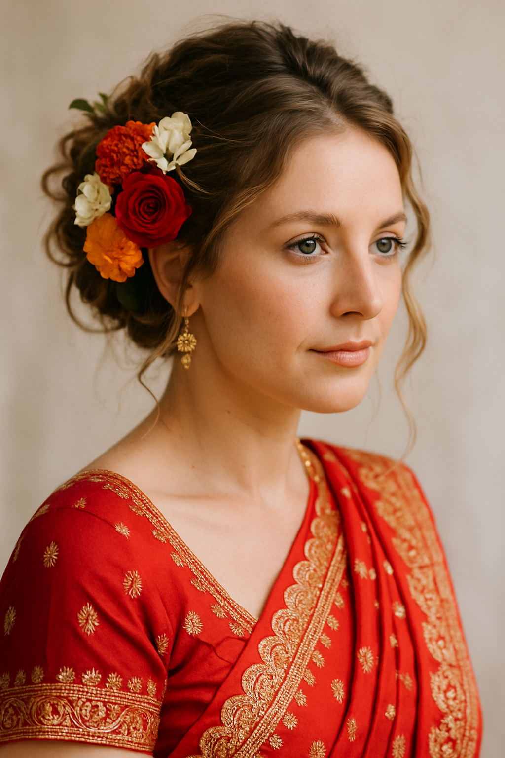 A woman with a messy updo hairstyle adorned with fresh flowers, wearing a red saree with gold embroidery.
