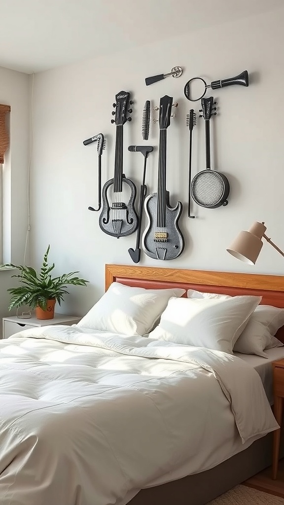 Metal wall art featuring musical instruments in a cozy bedroom setting.