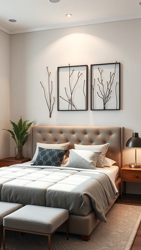 A modern bedroom featuring metal wall art with branches in frames, showcasing a stylish and serene decor.