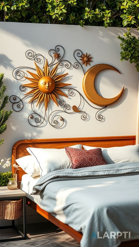 Metal wall art featuring a sun and moon design on a wall with greenery
