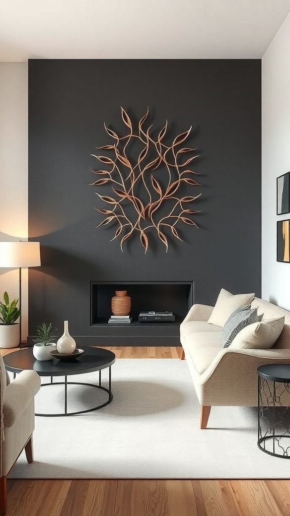 A modern living room showcasing a metal wall sculpture with flowing leaf designs on a dark wall.