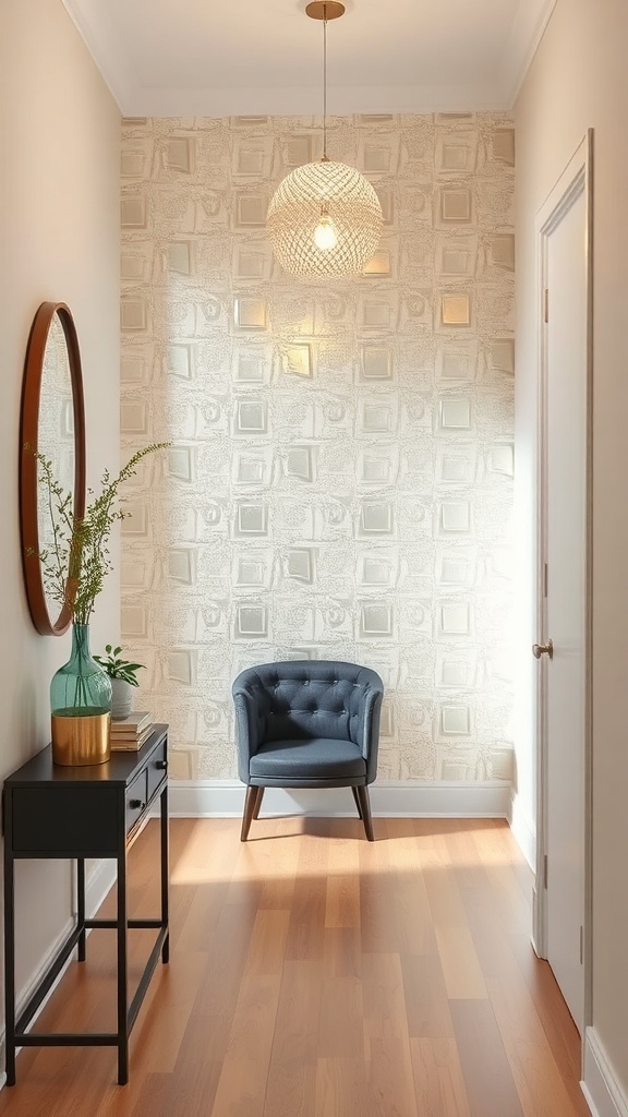 A hallway featuring metallic accent panels on the wall, a blue chair, a black console table, and a pendant light.