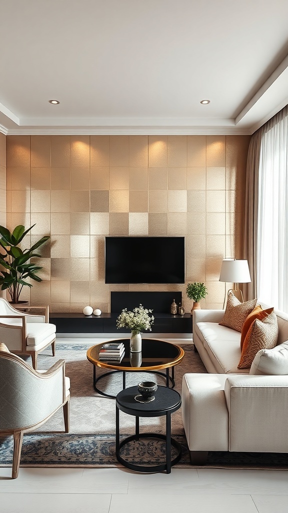 A stylish living room featuring a metallic accent wall in soft gold tones, complemented by modern furniture and decor.
