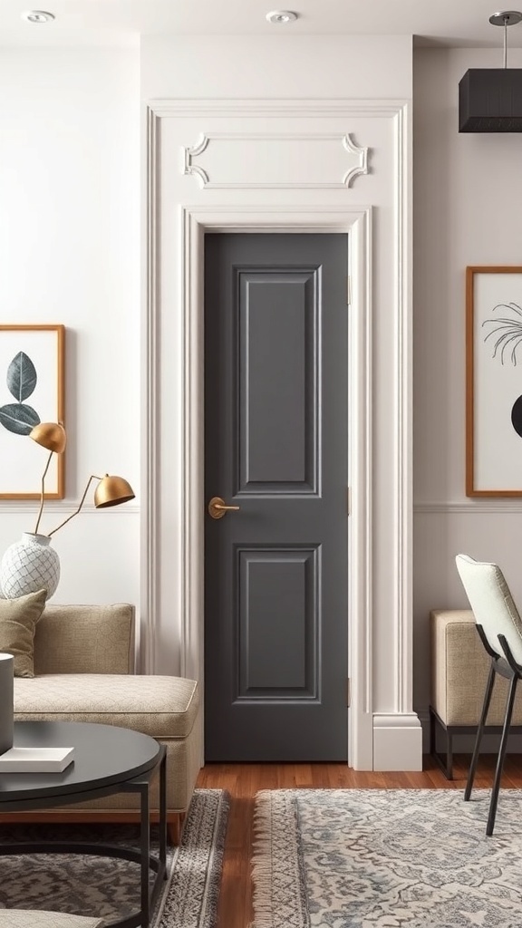 A modern door with a dark finish and metallic doorknob, framed by an elegant casing in a stylish living room.