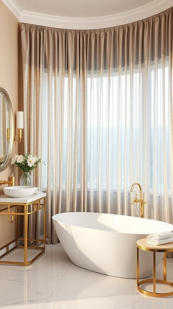 A stylish bathroom featuring metallic accent curtains, a modern bathtub, and gold fixtures.