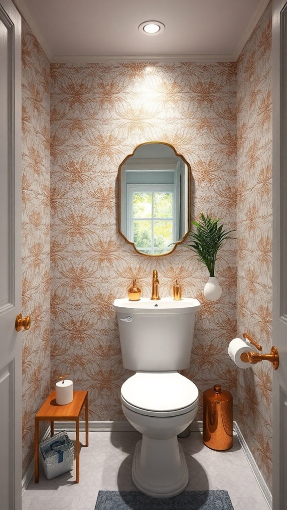 A small bathroom featuring metallic accents with warm-toned wallpaper, gold fixtures, and a stylish mirror.
