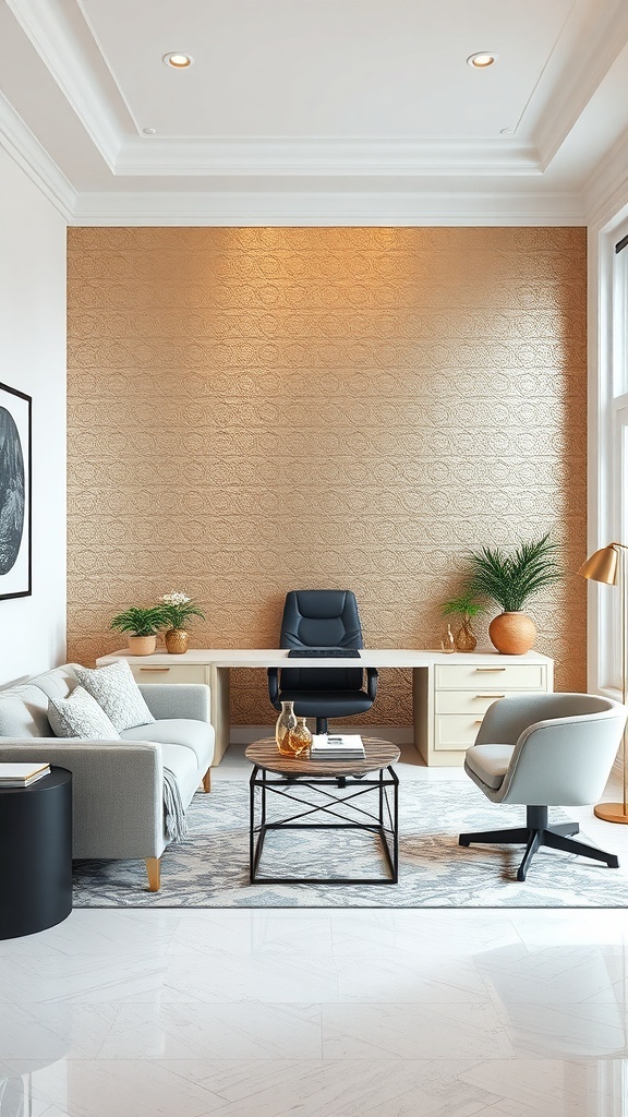 A modern office with a metallic accent wall, featuring sleek furniture and a stylish decor.