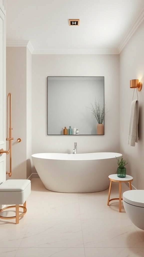 A modern bathroom with a neutral color scheme and metallic accents.