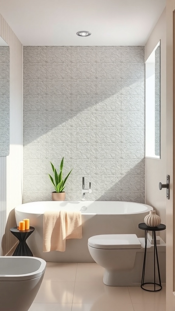 A modern bathroom featuring a metallic accent wall, a bathtub, and a plant.
