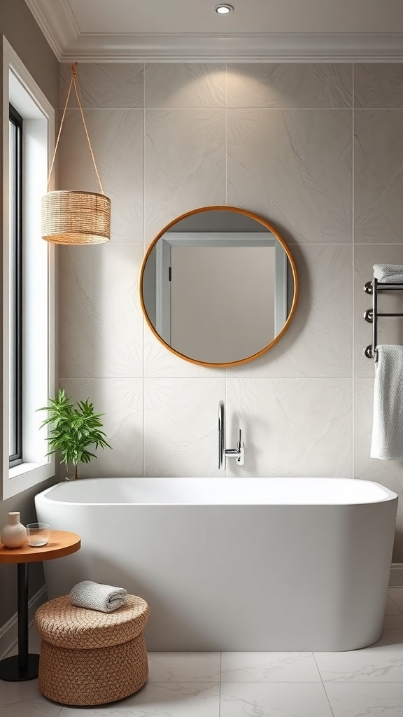 A modern bathroom featuring a white bathtub, metallic fixtures, and a round mirror with a metallic frame.