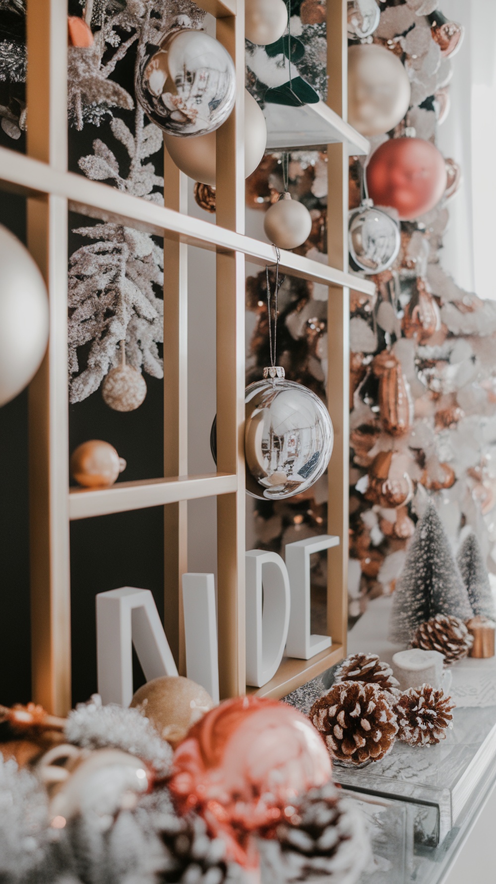 A festive display featuring a mix of metallic and matte Christmas ornaments, pine cones, and decorative elements.