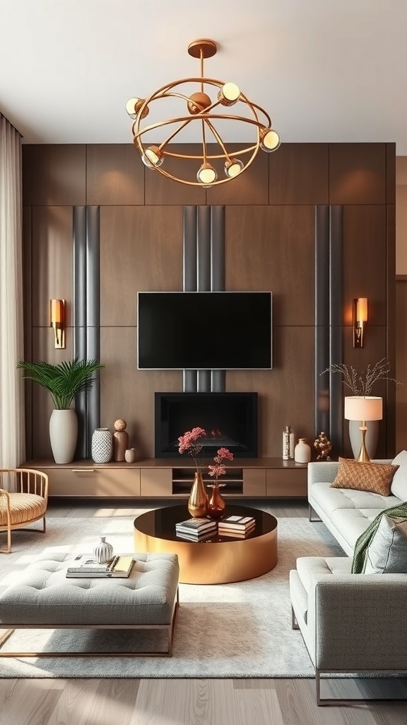 A stylish living room featuring a metallic accent wall, elegant light fixtures, and modern furniture.
