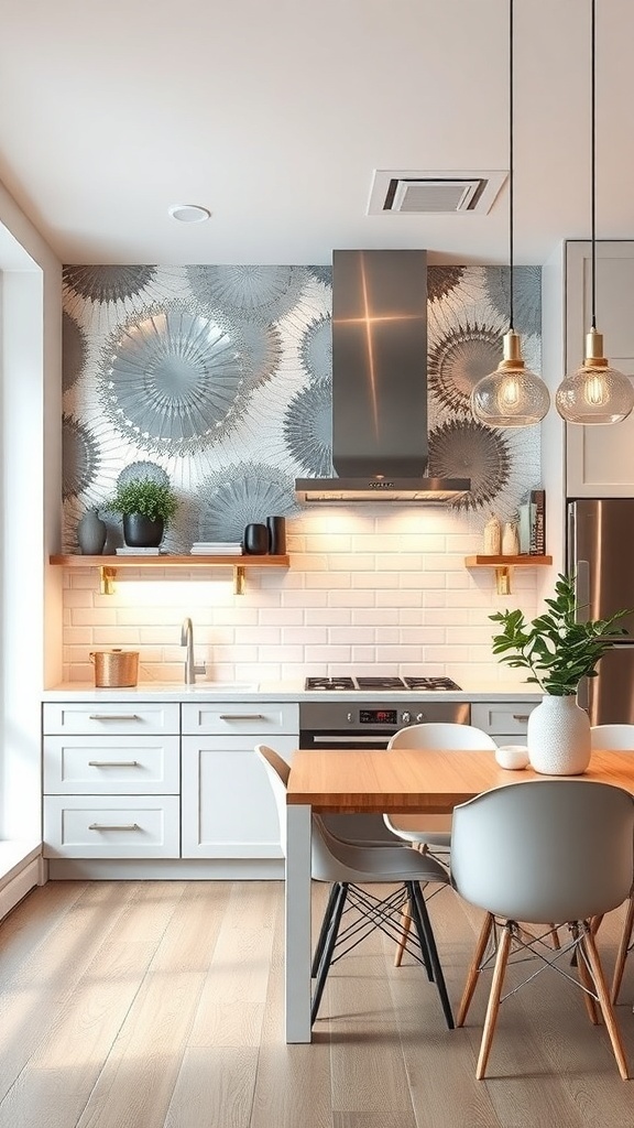 A modern kitchen with a metallic accent wall, sleek appliances, and a wooden dining table.