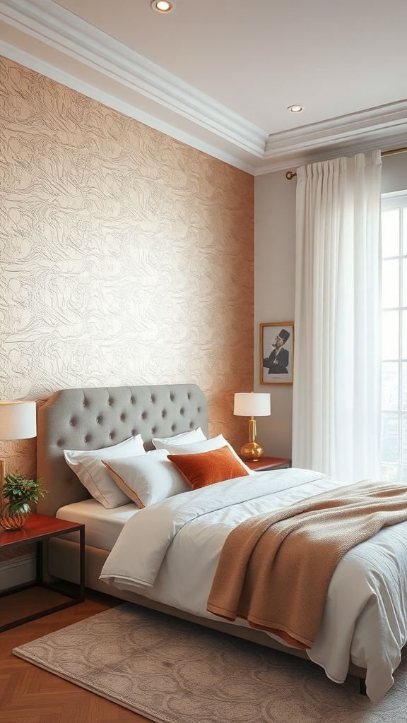 A cozy bedroom featuring metallic wallpaper, a plush bed with soft bedding, and warm lighting.