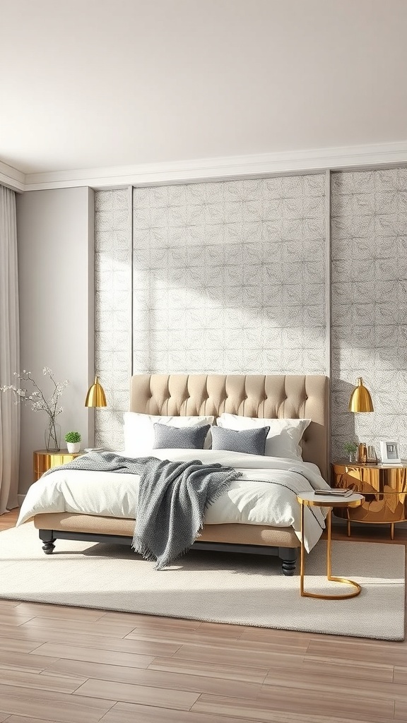 A stylish bedroom with a metallic accent wall, beige bed, and modern decor.