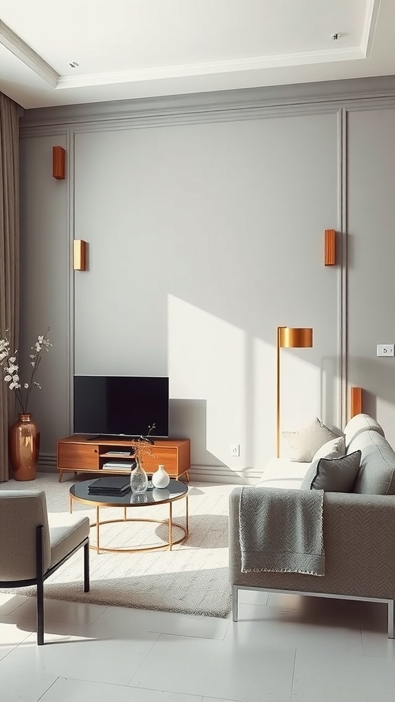 Living room with metallic wall accents and modern furniture