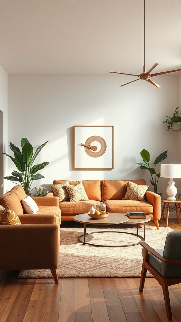 A mid-century modern living room featuring a light brown couch, decorative pillows, a round coffee table, and plants.