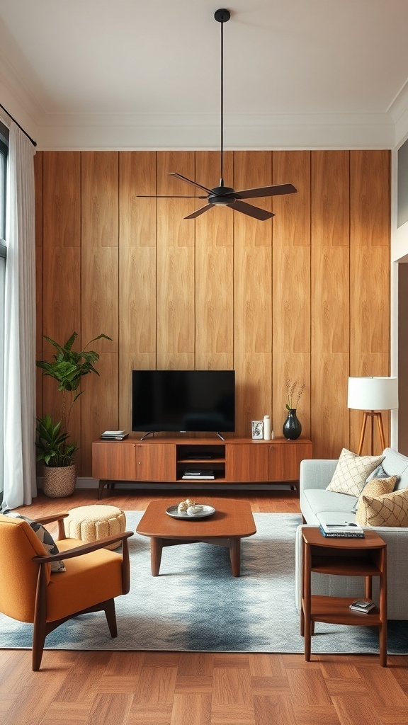 A cozy living room with mid-century modern wooden paneling, stylish furniture, and plants.