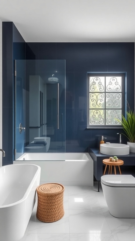 A modern bathroom featuring a midnight blue shower niche with glass enclosure, white fixtures, and natural elements.