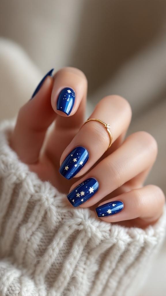 Nails painted in deep blue with star designs, resting on a cozy knitted sweater.