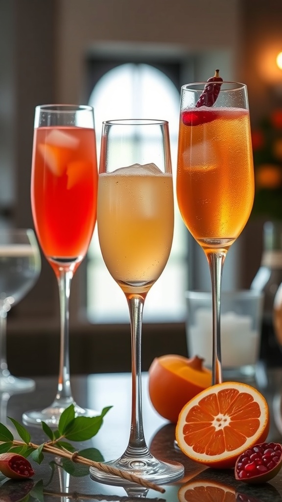 Three colorful glasses of mimosas, featuring unique juices like pomegranate and blood orange, displayed with fresh fruit.