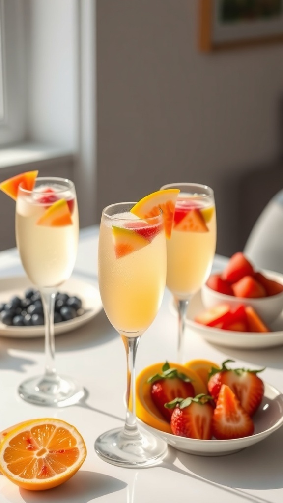 Three elegant mimosas with fresh fruit garnishes on a bright table, accompanied by bowls of assorted berries.