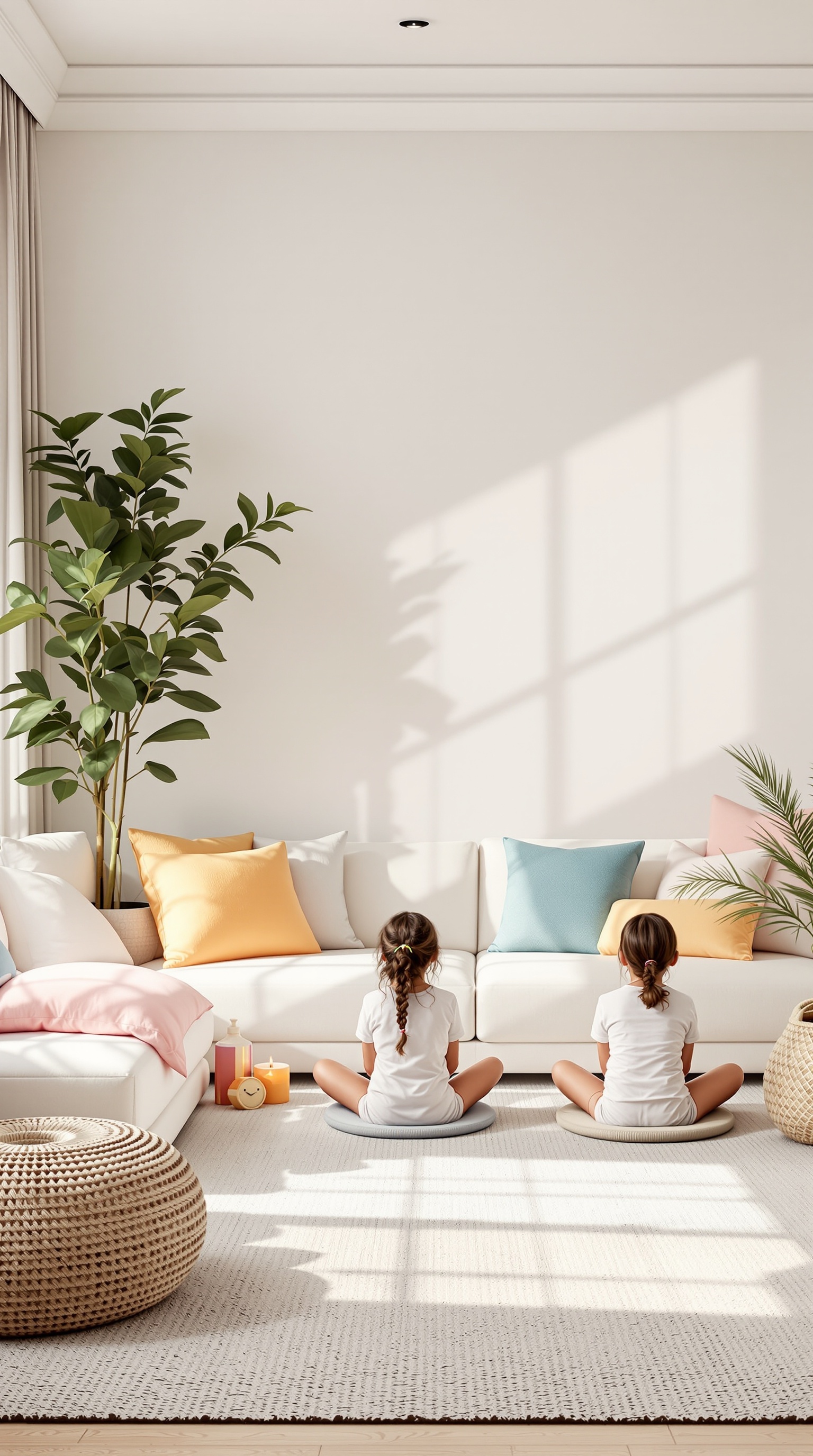Two children sitting cross-legged in a bright room with plants and colorful cushions.
