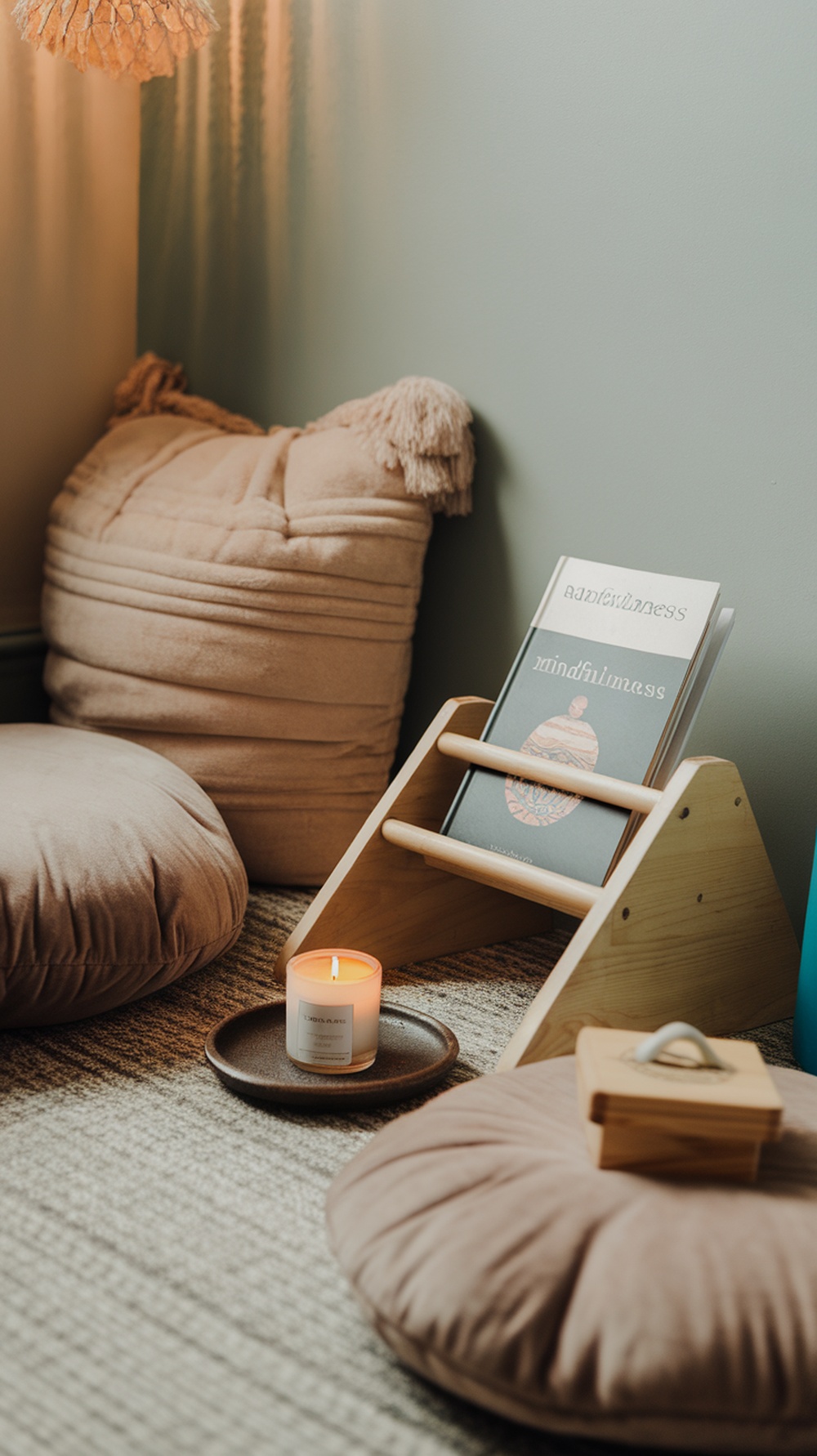 A cozy corner in a therapist's office featuring soft cushions, a candle, and a mindfulness book.
