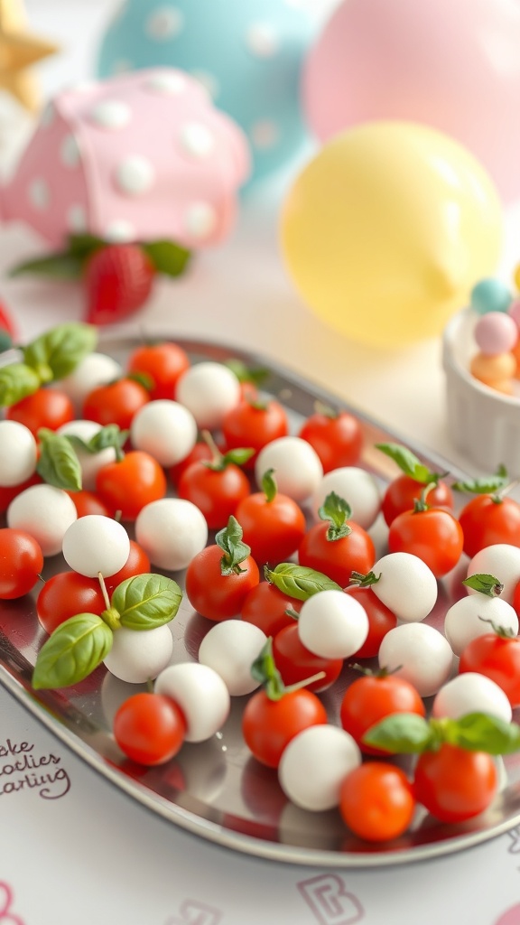 A tray of mini Caprese skewers with cherry tomatoes, mozzarella balls, and basil leaves, surrounded by colorful balloons.