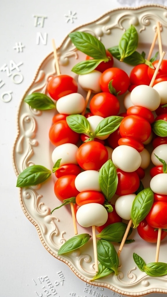 A platter of mini Caprese skewers with cherry tomatoes, mozzarella balls, and basil leaves.