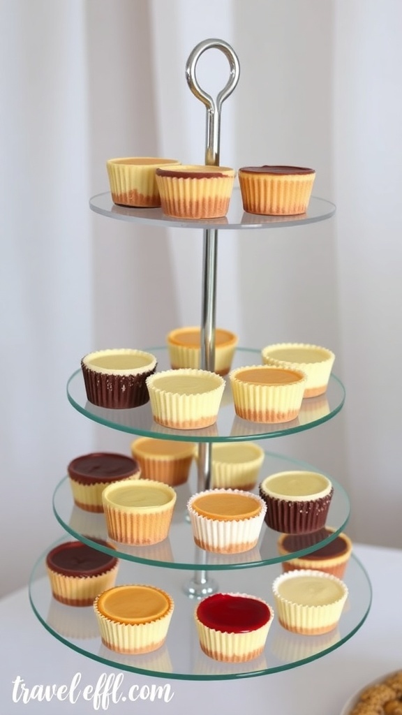 A tiered stand displaying a variety of colorful mini cheesecake bites on a bridal shower dessert table