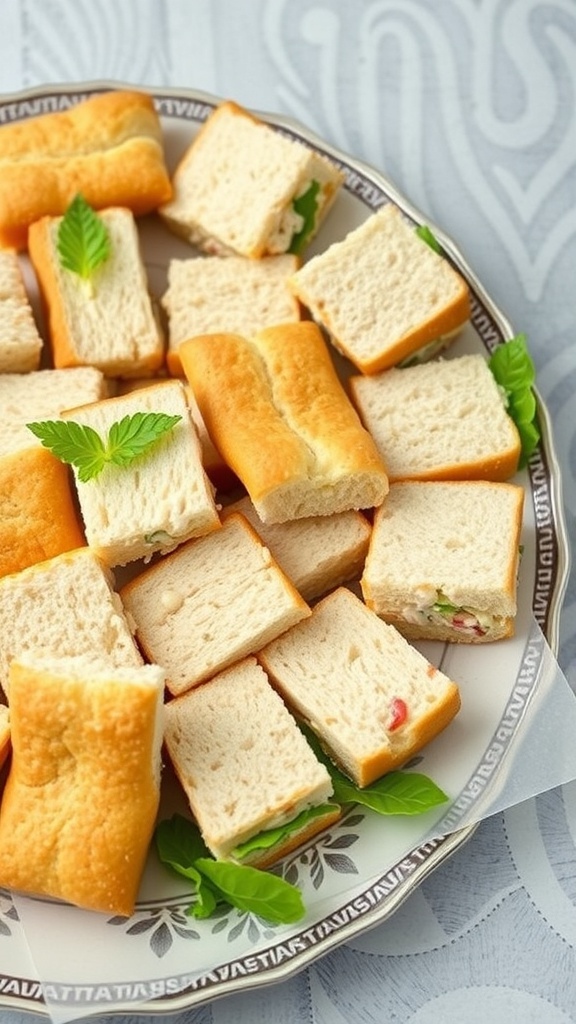 Platter of mini chicken salad sandwiches garnished with fresh mint leaves.