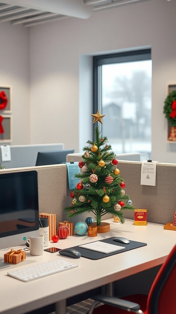 A small Christmas tree centerpiece on a cubicle desk, decorated with ornaments and a star.