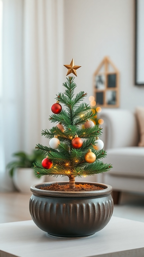 A small Christmas tree in a dark pot decorated with ornaments and a star on top.