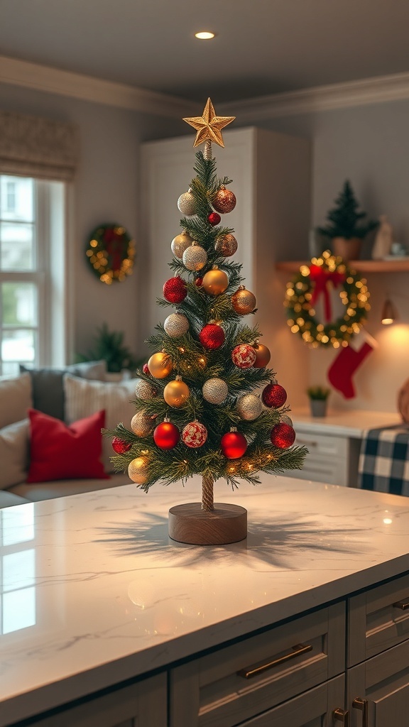 A mini Christmas tree with ornaments on a kitchen island, surrounded by festive decor.