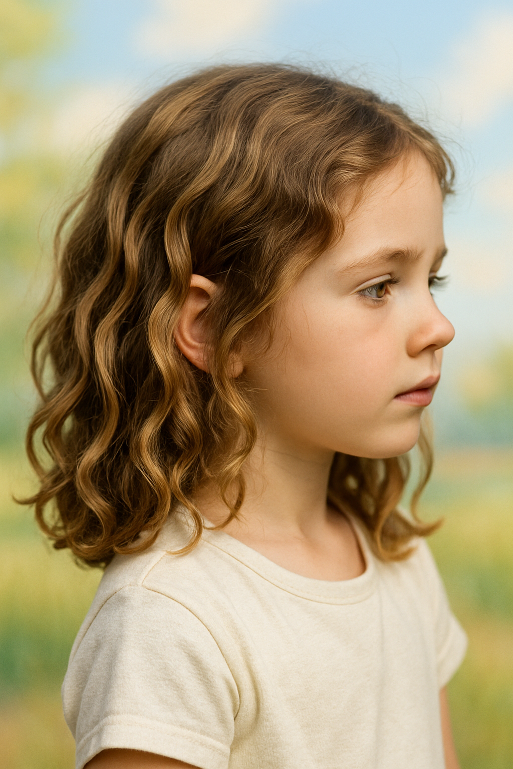 A child with wavy hair looking to the side, representing a playful hairstyle.