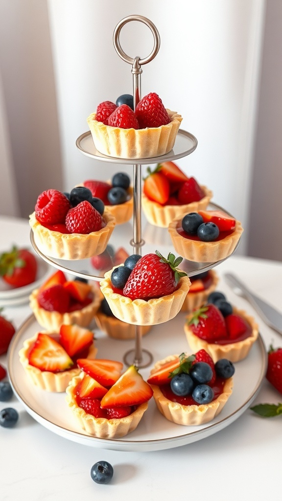 Mini fruit tarts arranged on a tiered stand, filled with strawberries, blueberries, and raspberries.