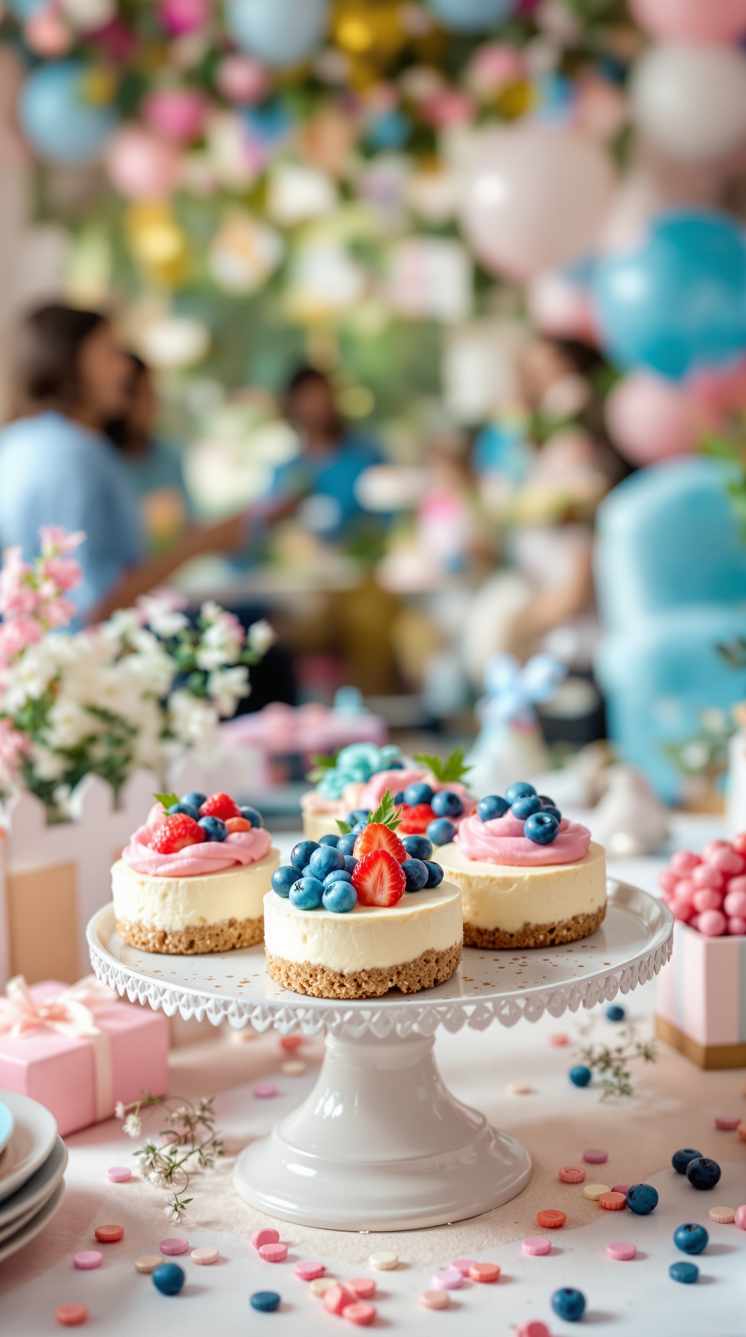 A beautifully arranged dessert table featuring mini cheesecakes topped with berries, perfect for a gender reveal party.