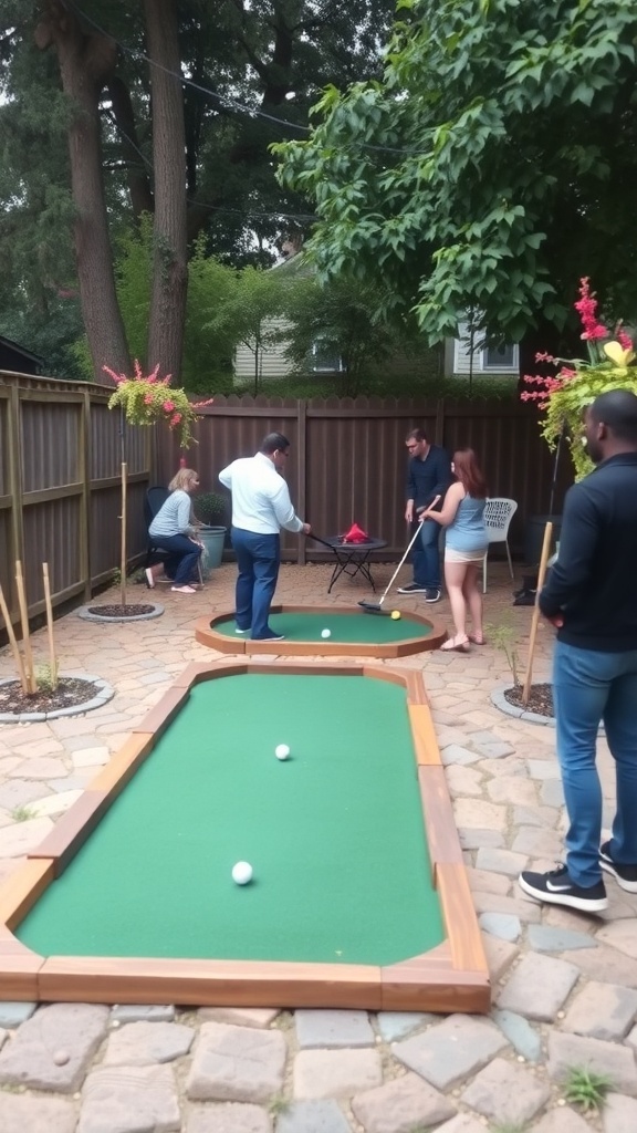 Guests playing mini golf at a backyard wedding.
