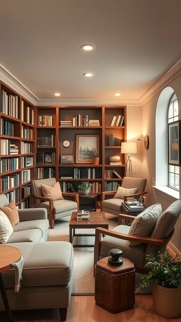 Cozy basement mini library with wooden bookshelves and comfortable reading chairs