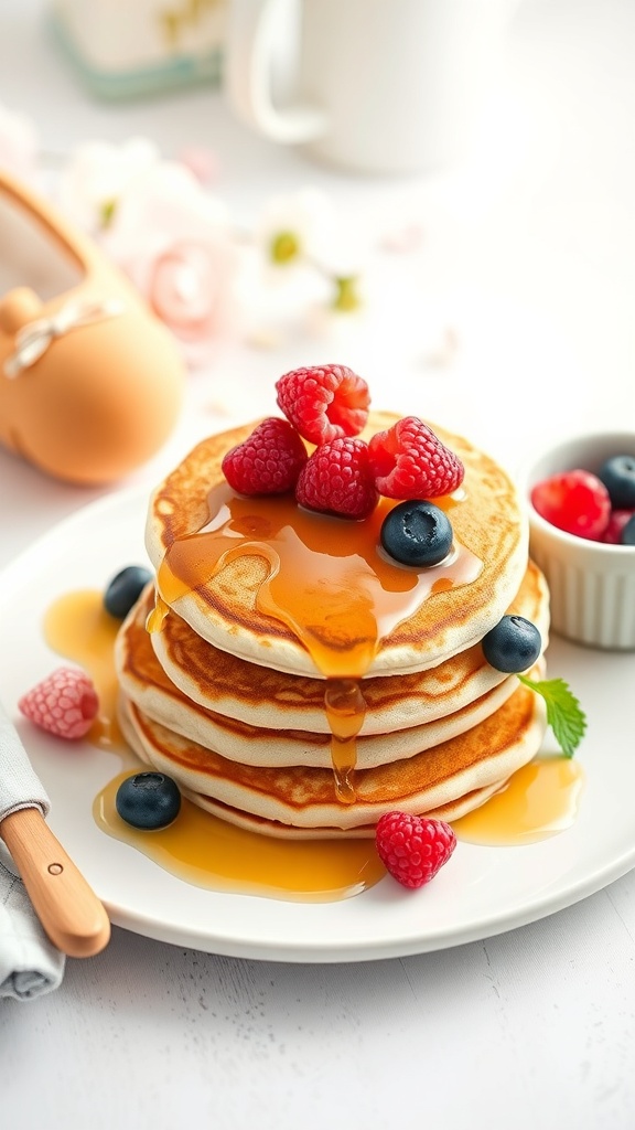 Mini pancake stacks topped with maple syrup and fresh berries