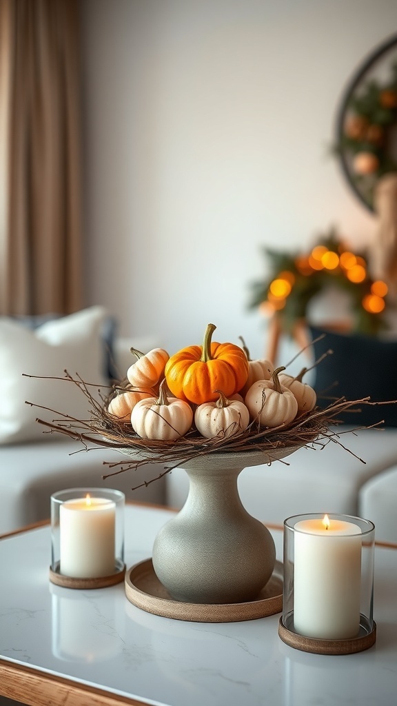 A decorative arrangement of mini pumpkins on a pedestal with candles, creating a cozy autumn vibe.