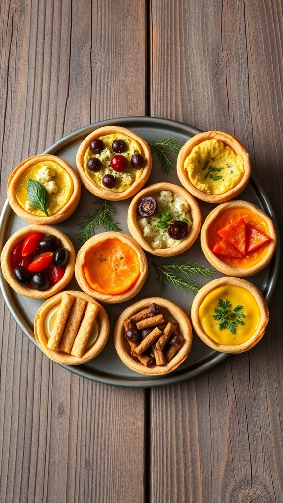 A variety of colorful mini quiches arranged on a platter, showcasing different toppings.