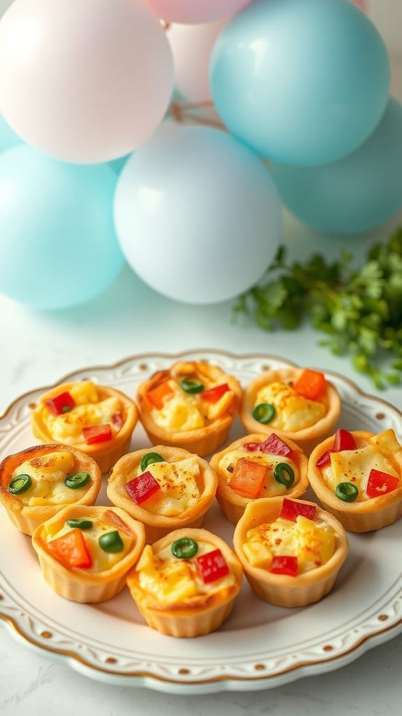 A platter of mini quiche bites with colorful toppings, surrounded by pastel balloons.