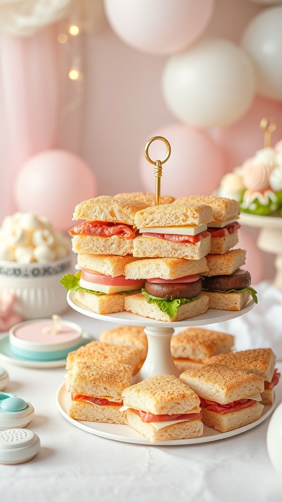 A tiered stand filled with mini sandwiches, showcasing various fillings, set against a soft pink and white background.