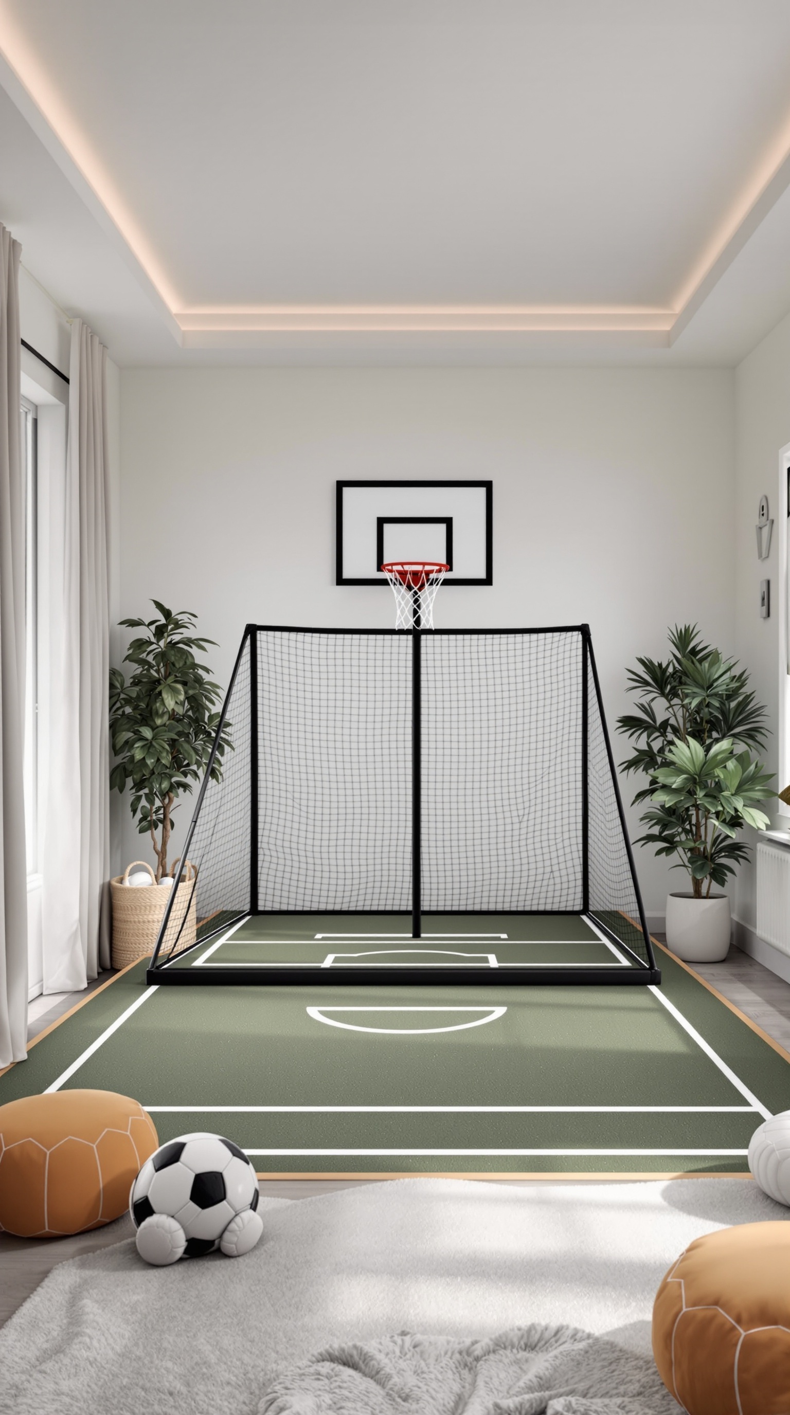 A mini sports court in a bedroom featuring a basketball hoop, soccer goal, and sports-themed decor.