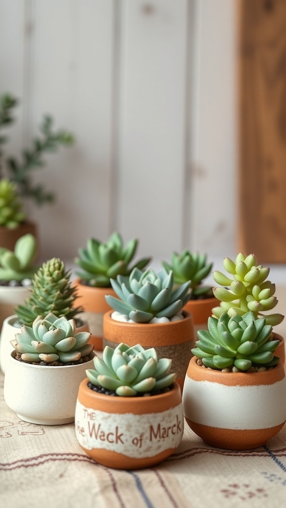 A collection of mini succulent plants in decorative pots, showcasing various shapes and colors.