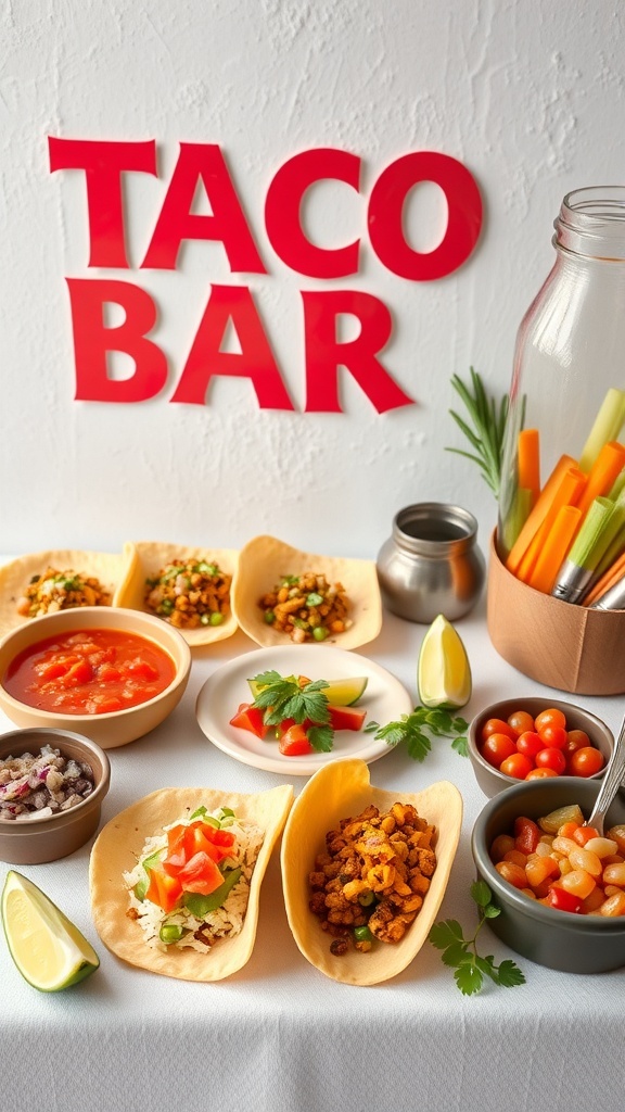 A colorful mini taco bar setup with various taco fillings and toppings, perfect for a bridal shower.