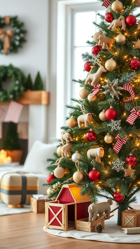 A beautifully decorated Christmas tree with miniature barn ornaments, animal figures, and colorful baubles.