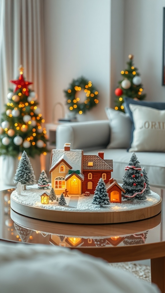 A cozy miniature Christmas village arrangement on a coffee table with festive decorations.